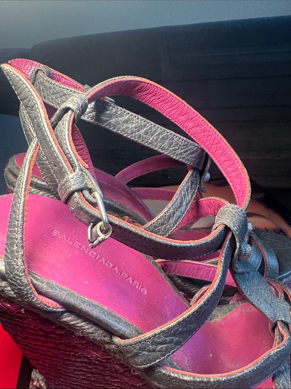 Balenciaga Gray Leather Strappy Wedge Sandals with Purple Platform - Picture 4 of 7